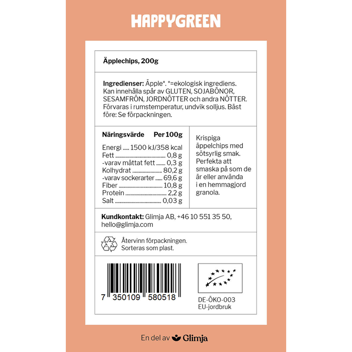 Ekologiska Äpplechips, 200g - Happy Green