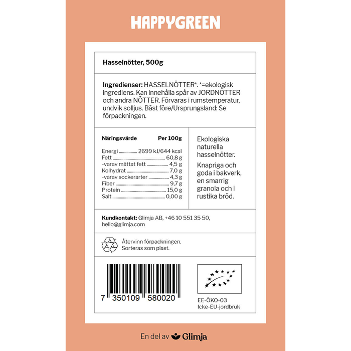 Hasselnötter, 500g ekologisk - Happy Green