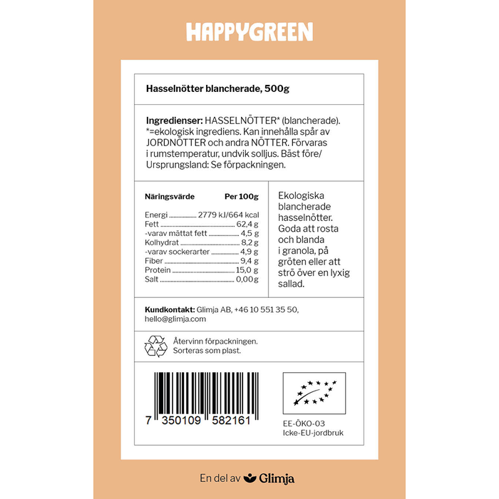 Hasselnötter Blancherade, 500g ekologisk - Happy Green