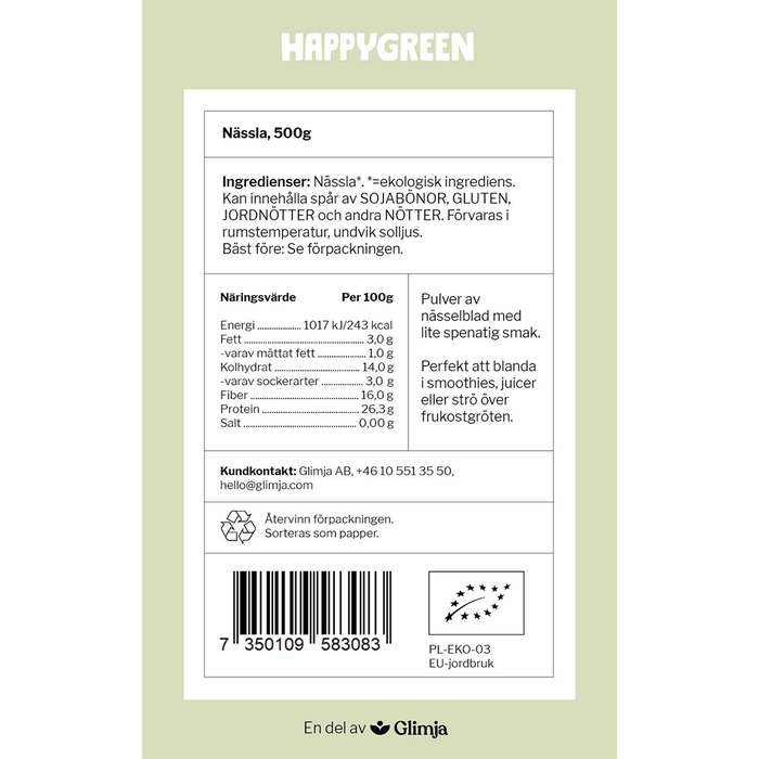 Nässla pulver, 500g ekologisk - Happy Green