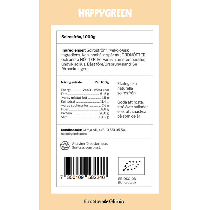 Solrosfrön, 1kg ekologisk - Happy Green