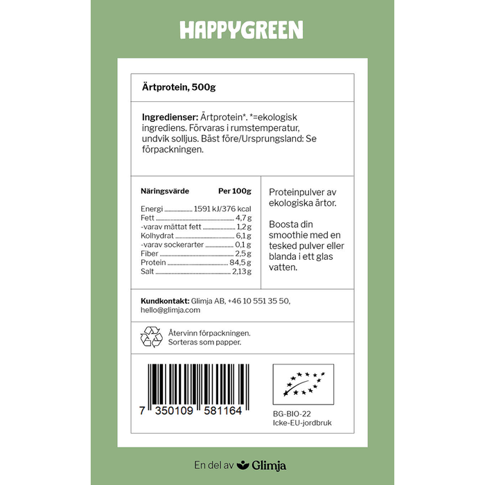 Ärtprotein, 500g ekologisk - Happy Green