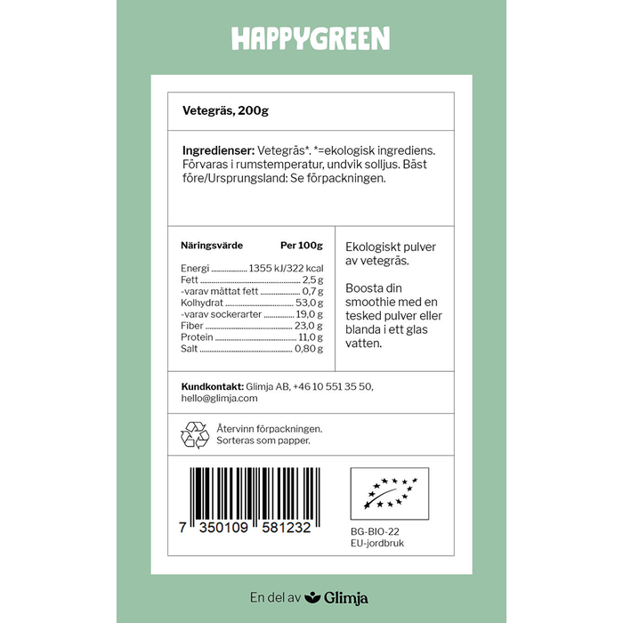 Vetegräs pulver, 200g ekologisk - Happy Green