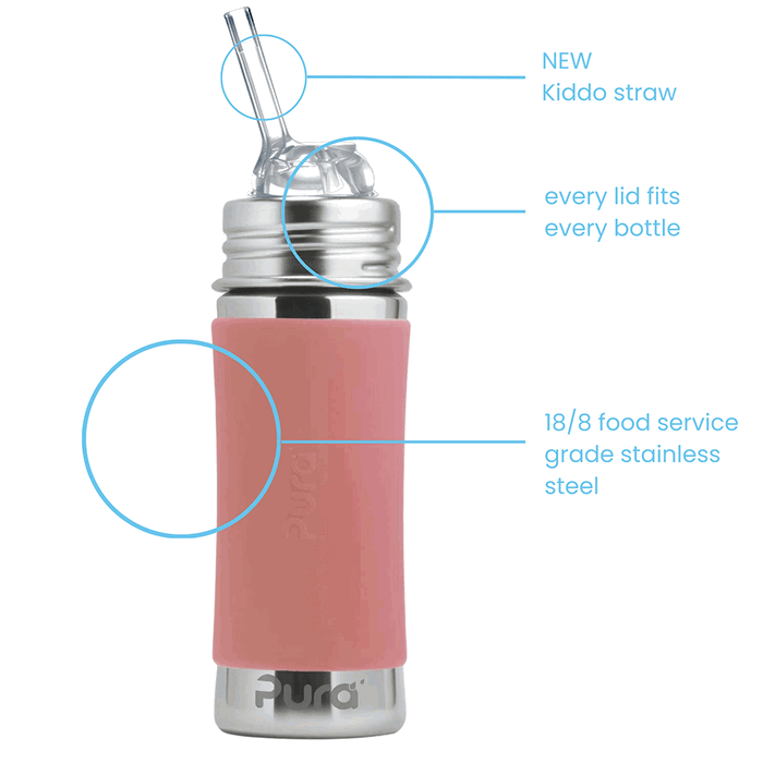 Pura - Kiddo Straw Bottle Rostfritt Stål med Silikonhölje 325 ml, Rose - Pura Stainless