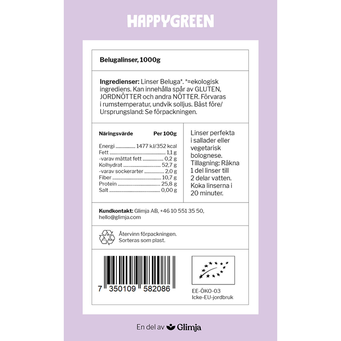 Linser Beluga, 1kg ekologisk - Happy Green