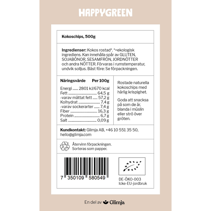 Kokoschips rostade, 500g ekologisk - Happy Green