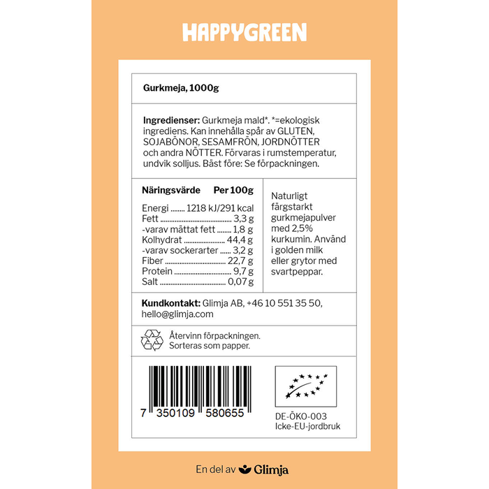 Ekologiskt Gurkmeja Pulver 2,5% Curcumin, 1kg - Happy Green