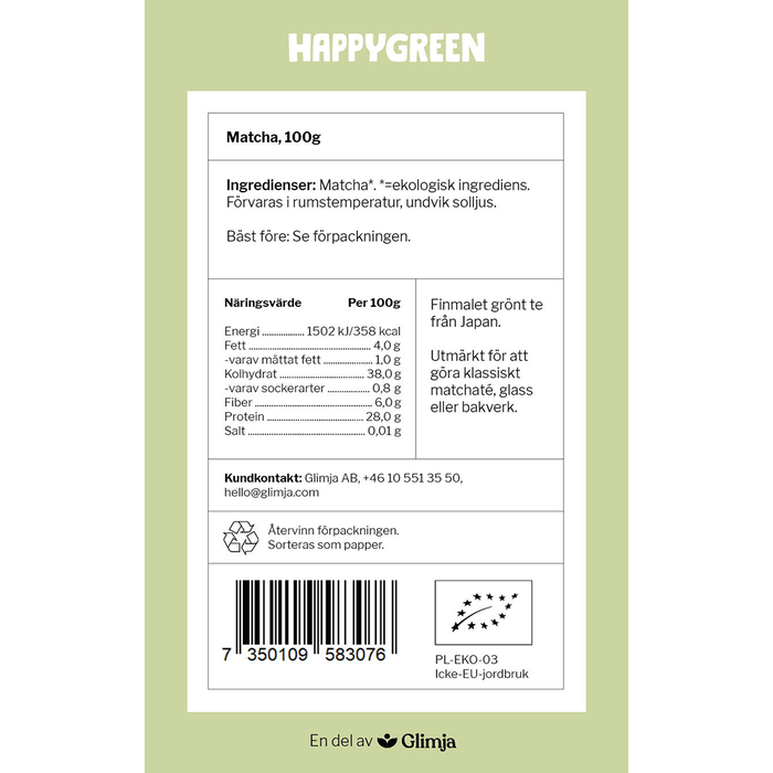 Ekologiskt Matcha Pulver, 100g - Happy Green